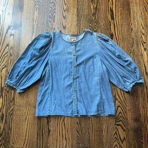 Madewell Denim Puff-Sleeve Button-Up Top (Size 14)